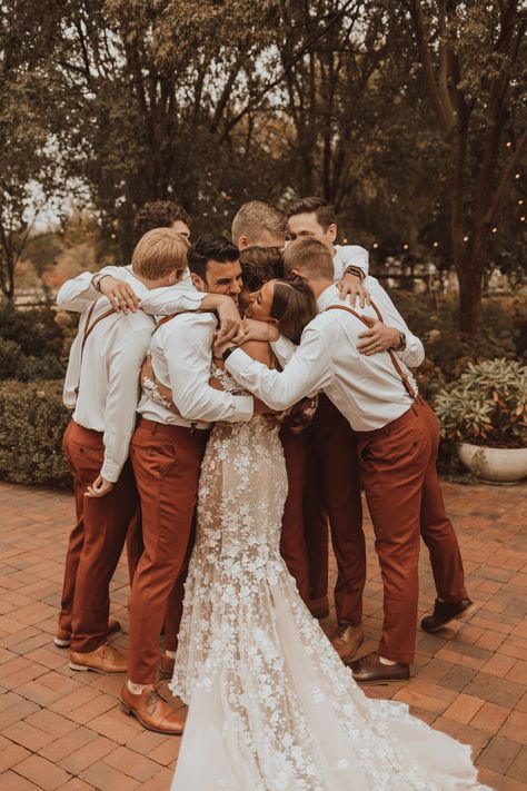 Alex wanted to do a first look with the groomsmen and their reactions are the absolute sweetest! Groom First Look With Bridesmaids, Bride And Groom With Bridal Party, The First Look Wedding Photo Ideas, Wedding Pictures Group Shots, First Look Bride And Groomsmen, Wedding Picture Ideas Groomsmen, Bride And Best Man Pictures, Pictures To Get On Wedding Day, Groomsmen And Bride Pictures