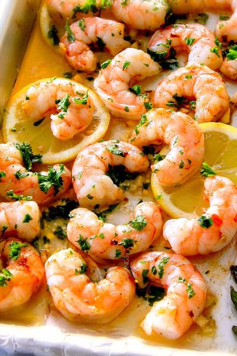 up close of shrimp scampi in butter, lemon, garlic sauce Crockpot Salmon, Shrimp With Lemon, Shrimp Meals, Shrimp With Garlic, Baked Shrimp Recipes, Pasta Shrimp, Easy Shrimp Scampi, Pan Shrimp, Dinners Recipes