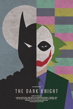 This is the example of asymmetrical balance in the movie poster. The color, shape are asymmetrical, but creates a dynamic visual balance. Even with the contrast between the two different faces, it is very interesting to combine them in a symmetrical way, which kinda ironically reflects the relationship between joker and batman. Film Vintage, Minimal Movie Posters, Movie Posters Design, Minimal Poster, Cinema Posters, Movie Posters Minimalist, Batman Movie, Alternative Movie Posters, The Dark Knight