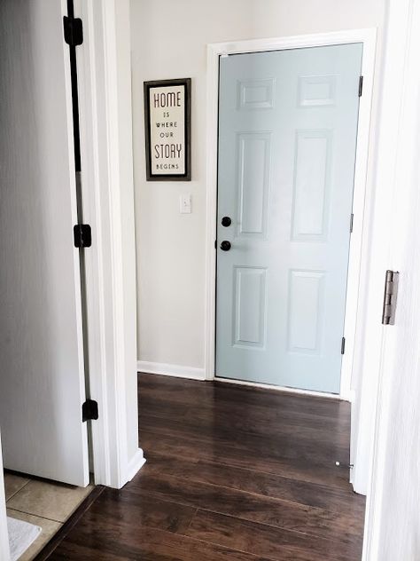 Blue Grey Doors Interior, Interior Door Blue, Blue Doors Interior, Blue Door Interior, Benjamin Moore Wedgewood Gray, Interior Garage Door, Grey Walls White Trim, Interior Door Color, Accent Door