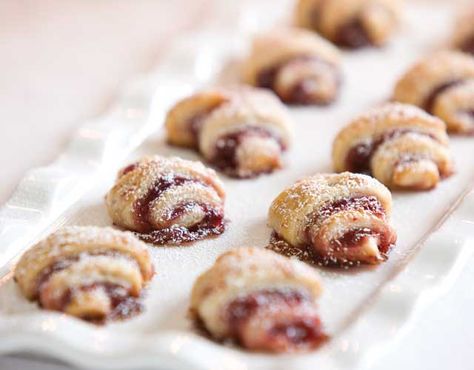 Rugelach, a traditional Jewish pastry, is the perfect sweet treat to serve at a high-tea in celebration of Hanukkah. Rugalah Recipe Easy, Nut Horns, Jewish Baking, Rugelach Cookies, Rugelach Recipe, Jewish Foods, Babka Recipe, Jewish Cuisine, Filipino Dessert