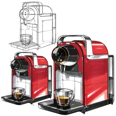 Coffee Machine Design Sketch, Coffee Machine Sketch, Markers Drawing Architecture, Espresso Machine Design, Coffee Machine Design, Product Sketch, Pen Art Work, Perspective Drawing Lessons, Cool Pencil Drawings