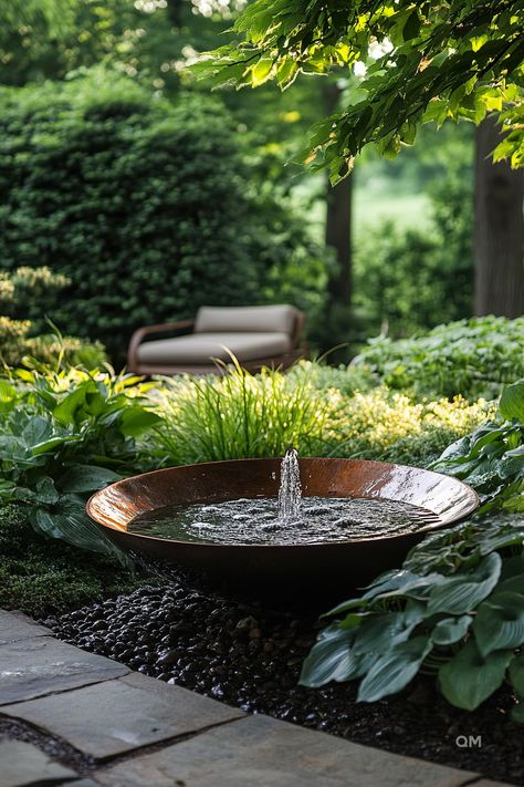 A serene garden nook featuring a cozy seating area by a tranquil fountain surrounded by lush greenery; ideal for peaceful garden inspirations. Garden Nooks, Garden Hideaway, Indoor Water Features, Serene Garden, Garden Nook, Quiet Corner, Water Gardens, Built In Seating, Living Room Loft