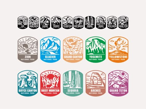 National park Badges by Aleksandar Savic on Dribbble App Badges, Simple Artwork, Crystal Logo, Outdoor Stickers, Travel Stickers, Us National Parks, Adventure Park, Badge Design, Yellowstone National Park