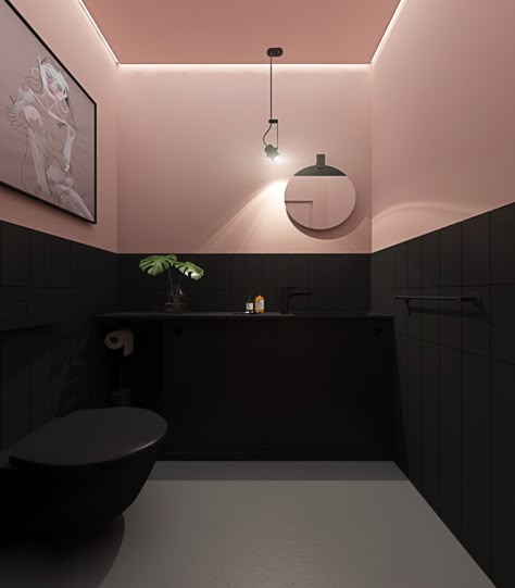 Black Pink Bathroom Ideas, Black White And Blush Bathroom, Pink Toilet Ideas, Pink And Black Toilet, Bathroom Pink And Black, Rose Pink And Black Bedroom, Black White And Pink Salon Ideas, Blush Pink And Black Bathroom, Pink Black Bathroom Ideas