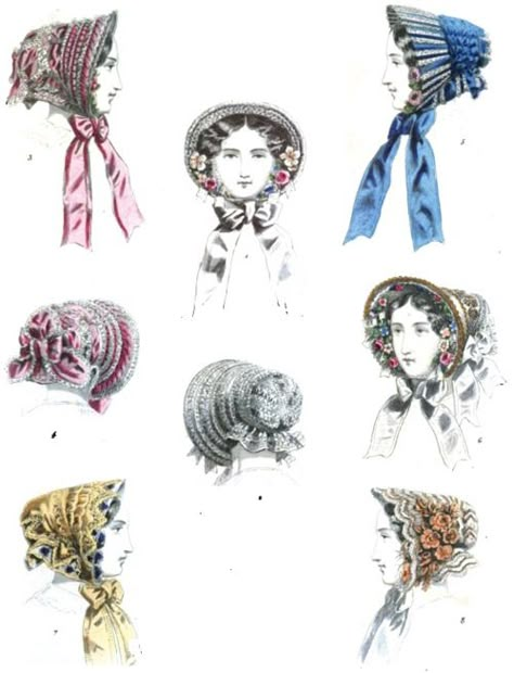 Early Victorian Bonnets | Early Victorian Era Ladies' Headwear - May 1852 Le Moniteur de la Mode Victorian Era Hats, Victorian Era Outfits, Poor Clothes, Victorian Bonnet, Fashion Eras, Garden Dinner, Victorian Vampire, Victorian Hats, Fashion Dictionary