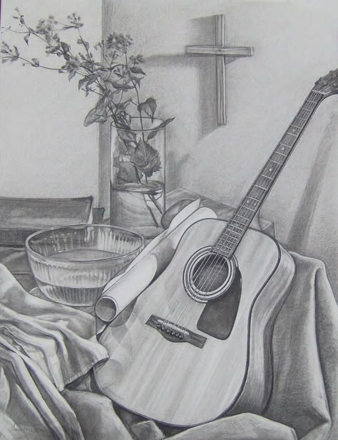 Instrument Drawing, Easy Still Life Drawing, Guitar Sketch, Landscape Pencil Drawings, Shading Drawing, Pencil Drawing Images, Pencil Sketch Images, Pencil Shading, Cool Pencil Drawings