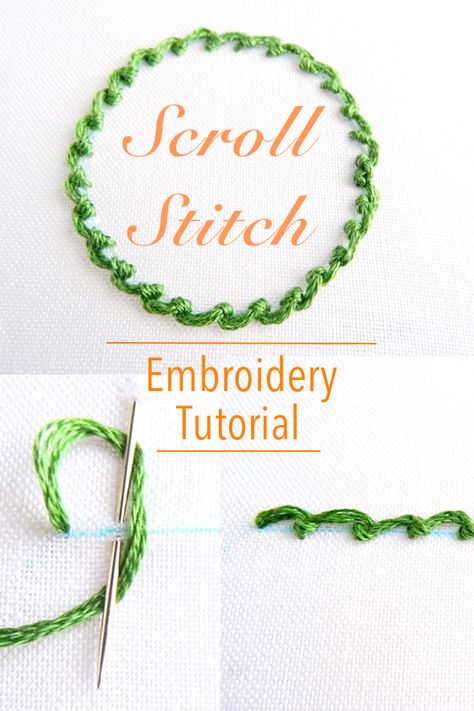 Scroll Stitch Embroidery, Scroll Stitch, Basic Hand Embroidery Stitches, Embroidery Stitches Beginner, Embroidery Lessons, Embroidery Stitch, Basic Embroidery Stitches, Hand Embroidery Tutorial, Embroidery Tutorial