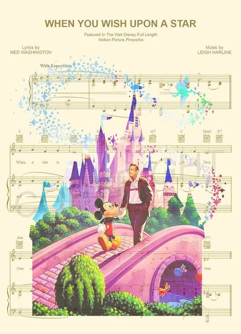 Walt Disney And Mickey Mouse, Walt Disney And Mickey, Disney Sheet Music, Deco Disney, Disney Printables, Music Poster Ideas, Wish Upon A Star, Images Disney, Mickey Mouse Art