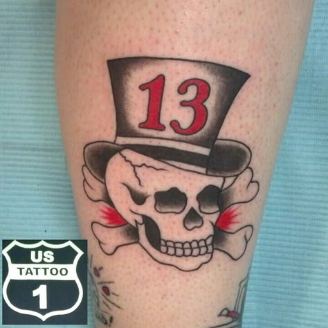 Lucky 13 skull tattoo, skull with top hat Sailor Jerry Tattoos, Elements Tattoo, Traditional Tattoo Sleeve, Traditional Tattoo Art, Sailor Jerry, Dark Art Tattoo, Old Tattoos, Skull Tattoo Design, 1 Tattoo