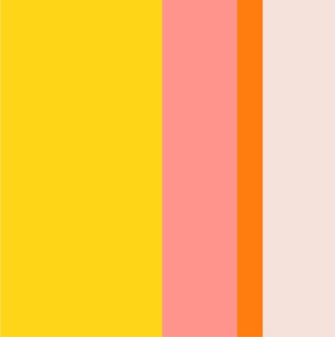 Bright warm, and cheerful brand color palette with bright yellow, pink, orange and neutals to balance it out.  Perfect palette for someone who wants a quirky bright pastel palette. Colors That Go With Bright Yellow, Bright Yellow Colour Palette, 70 Color Palette, Color Palette Yellow Pink, Pink And Yellow Colour Palette, Pink Orange Yellow Color Palette, Bright Yellow Color Palette, Quirky Color Palette, Pastel Yellow Color Palette