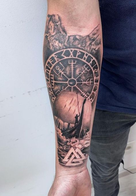 100 Epic Ship Tattoos and Meaning (Newest Gallery) Mens Viking Tattoos, Hunter Tatoos, Danish Viking Tattoo, Viking Compass Tattoo Men, Ship Tattoos For Men, Viking Forearm Tattoo Men, Norse Viking Tattoo, Norse God Tattoo, Long Tattoo Ideas