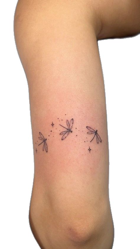 Small Dragon Arm Tattoo, Dragonfly Elbow Tattoo, Cute Hidden Tattoos For Women, Patchwork Tattoo Ideas Nature, Dragonfly And Dandelion Tattoo, Inner Tricep Tattoo Women, 2 Dragonfly Tattoo, Dainty Tattoo Sleeves For Women, Dragonfly Hip Tattoo