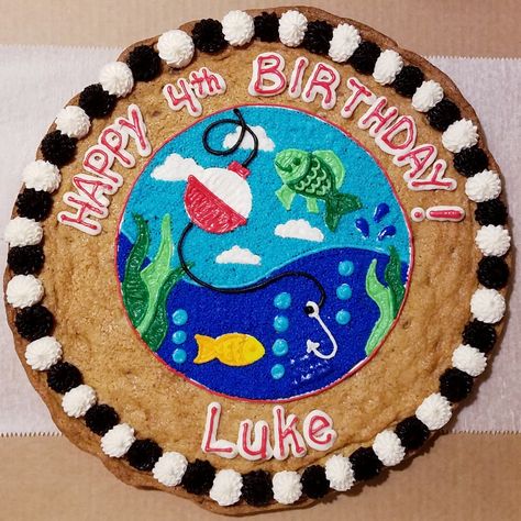 Fishing cookie cake Fishing Cookie Cake, Cookie Cake Ideas, Wilton Decorating Tips, Message Cookies, Big Cookies, Cookie Cake Designs, Cottage Food, Pull Apart Cupcake Cake, Fish Cookies