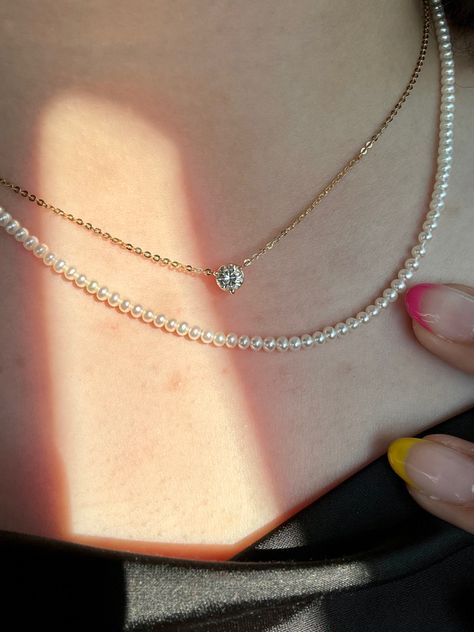 Pearl Necklace Stack, Necklace Stack, Pearl And Diamond Necklace, Simple Diamonds, Gold Jewellery, Diamond Solitaire, Gold Jewelry, Pearl Necklace, Gold