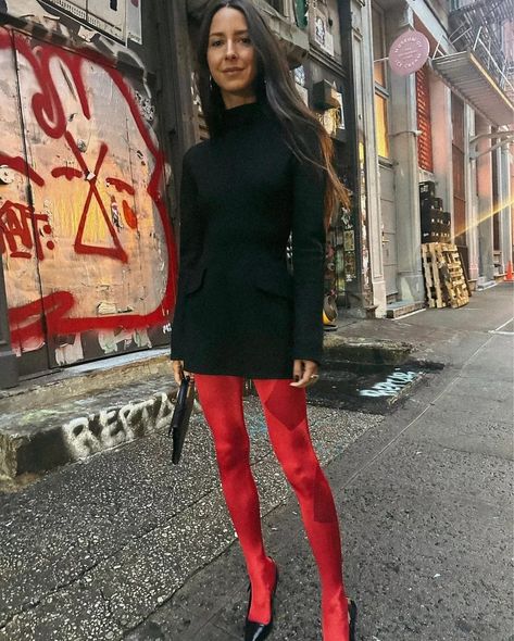 ariellecharnas on LTK Red Stockings Outfit, Color Tights Outfit, Red Tights Outfit, Arielle Charnas, Red Tights, Fest Outfits, Red Stockings, Red Leggings, Looks Street Style