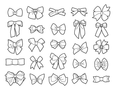 Premium Vector | Collection of vector illustrations of outlines of various bows and ribbons, isolated black elements Cute Ribbon Drawing, Ribbon Outline, Bow Outline, Ribbon Drawing, Rococo Aesthetic, Bow Drawing, Bow Vector, Aari Design, Diy Yarn Crafts