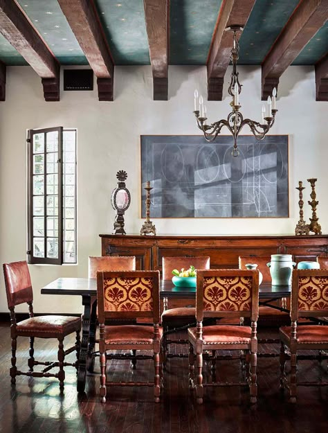 Dark Walnut Trim, Spanish Style Dining Room, Spanish Style Homes Interior, Hacienda Style Homes Interiors, Hacienda Furniture, Spanish Inspired Home, Spanish Style Home Interior, Style Hacienda, Mediterranean Dining