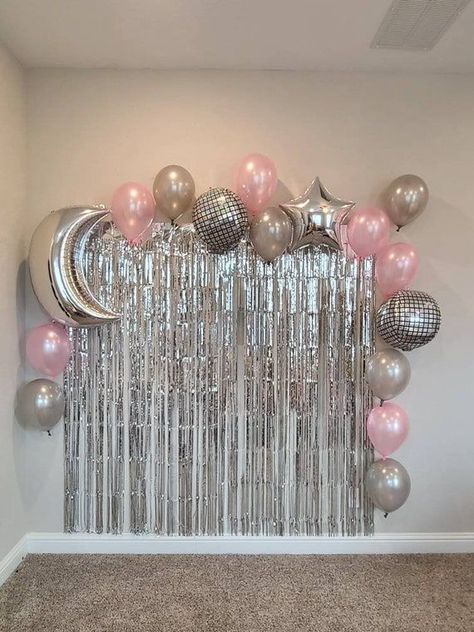 Pink And Silver Birthday Decorations, Silver Themed Birthday Party, New Years Aesthetic, Birthday Party Decorations Pink, 18th Party Ideas, 14th Birthday Cakes, 18th Birthday Party Themes, Birthday Decorations At Home, Sweet Sixteen Birthday Party Ideas