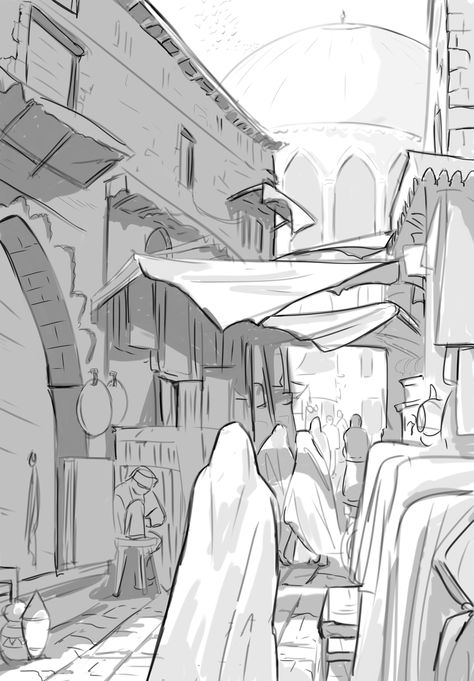 ArtStation - concept sketches, Roman Alexander City Drawing Reference, Town Drawing, Storyboard Drawing, Sketch Background, Background Reference, Background Elements, 1001 Nights, Concept Draw, Concept Sketches