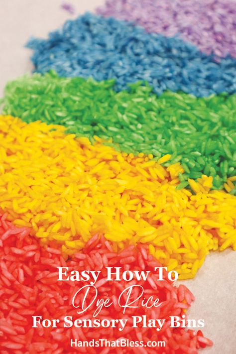 Easy How To Dye Rice for Sensory Play Bins - Hands That Bless How To Color Rice With Food Coloring, How To Color Rice For Sensory Bin, Dye Rice, Dyed Rice, Coloured Rice, Rainbow Rice, Dry Rice, Colored Rice, Sensory Bottles