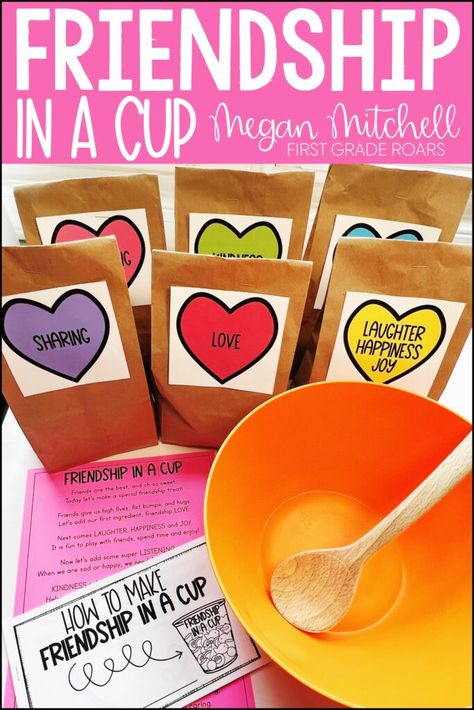 Friendship in a cup is the perfect back to school snack to make with your students. You can use the mini book provided and/or original poem to learn about the qualities of a good friend and to follow the directions to make this yummy snack. While you make it, you can read directions, work on teamwork and end up with something delicious. Your students can also predict, survey, graph, sequence and do a little math with their data. This would be great on the first day of school. Making Friends Preschool Crafts, Kindness Party Classroom, Friendship Treats Preschool, Our Friendship Is Blooming Craft, Making Friends Art Preschool, Friendship Snack Preschool, Friendship And Kindness Activities Preschool, Being A Friend Preschool Activities, Friendship Centers Kindergarten