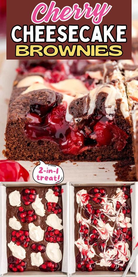 Cherry Cheesecake Brownies have a chewy, fudgy cake-like chocolate base with dollops of cheesecake and cherry pie filling swirled and baked on top of the batter. A delicious date night dessert when you can't decide between a bar or a slice but still want the cherry on top! Cherry Oreo Cheesecake, Cherry Cheesecake Brownies Easy, Black Cherry Brownies, Date Night Dessert Recipes, Baking Date Ideas, Canned Cherry Recipes, Baking Shelf, Cherry Cheesecake Brownies, Cherry Muffin