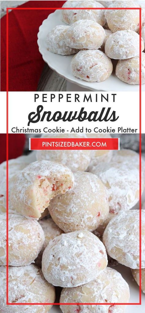 The best snowball cookie recipe with the added bonus of candy canes! The kids are gonna love this flavor combo and it's a great way to use up some extra candy canes. #ChristmasCookies #SnowballCookies Peppermint Snowball Cookies, Peppermint Snowballs, Peppermint Christmas Cookies, Snowball Christmas Cookies, Snowball Cookie, Peppermint Cookie Recipe, Peppermint Meringues, Holiday Treats Recipes, Snowball Cookie Recipe