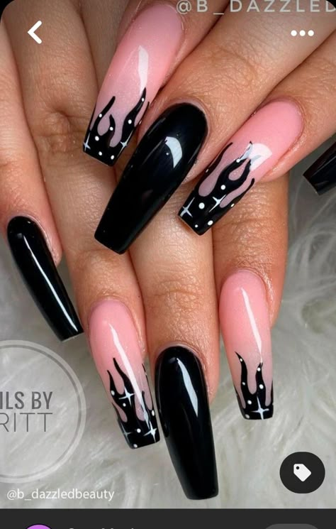 Nail Art Ideas Black, Coffin Nails With Design, Nails With Design Ideas, Ideas Black Nails, Black Nail Art Ideas, Flame Nail Art, Black Nails With Glitter, Black Coffin Nails, Black Acrylic Nails