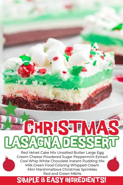 Christmas Lasagna Dessert is perfect for the holiday season. This layered cake is easy to make and starts with a red velvet cake mix. Bring this to all your holiday gatherings for an eye pleasing and delicious dessert. This dessert is so stunning that it will definitely be a hit for the dessert table. #christmasonadime #christmaslasagnadessert #lasagnadessert #christmasdesserts Christmas Lasagna Dessert, Christmas Lasagna, Lasagna Dessert, Chocolate Lasagna Recipe, Peanut Butter Lasagna, Candy Cane Dessert, Cheese Christmas, Dessert Lasagna, Dessert Homemade