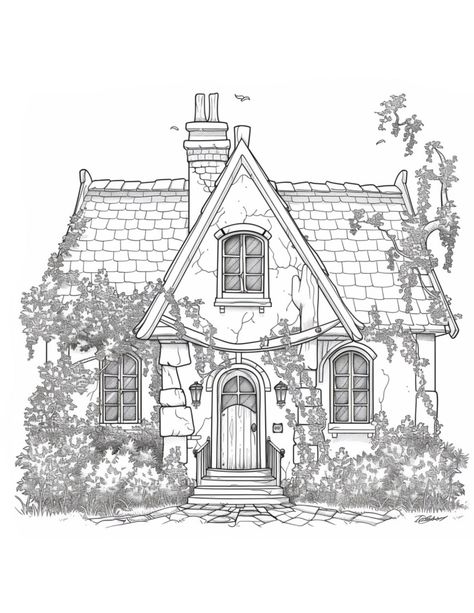 Cottage Core House Drawing, Overgrown Houses, Cottage Doodle, Cottage Sketch, Doodle Houses, Cottage Drawing, Urban Watercolor, House Outline, Mom Coloring Pages