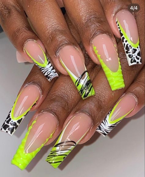 Green Nail Inspo For My Money Loving Babes 🍀 Square Nail Designs Colorful, Lime Green And Gold Nails, Lime Nails Ideas, Green And Nude Nail Designs, Yellow Green Nails Design, Free Style Nail Designs, Hot Green Nails, Green And Orange Nail Designs, Comic Nails Designs