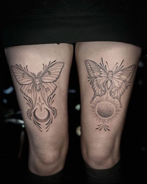 Mirrored Tattoos For Women, Knee Tattoo Pair, Arm Tattoo Plus Size Women, Women Knee Tattoo Ideas, Tattoo Ideas Calf Female, 111 Butterfly Tattoo, Moth Knee Bend Tattoo, Ladies Leg Tattoos For Women, Knee Tatoos Woman