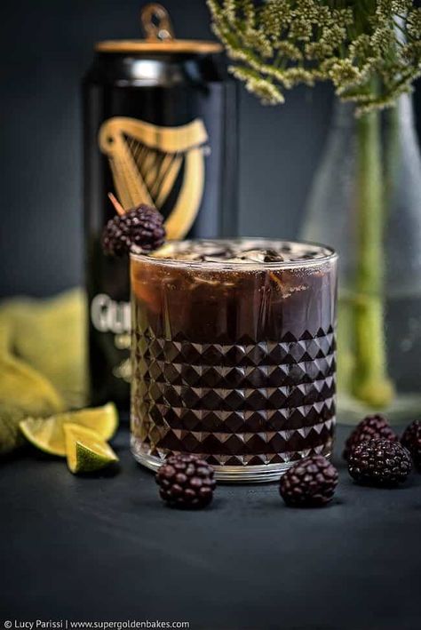 The Black Magic Cocktail combines bourbon, lime, blackberries and Guinness - perfect for toasting Halloween or St Patrick’s Day! Green Cocktails, Guinness Cocktail, Irish Drinks, St Patricks Day Drinks, British Bake Off, Beer Cocktails, Bourbon Cocktails, Halloween Cocktails, Great British Bake Off