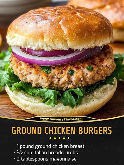 Last minute recipes | Ground Chicken Burgers | Facebook Homemade Ground Chicken Burgers, Chicken Hamburger Recipes, Ground Chicken Burger Recipes, Chicken Burgers Ground, Recipes Ground Chicken, Last Minute Recipes, Chicken Burgers Healthy, Chicken Hamburger, Ground Chicken Burgers