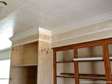 removing kitchen cabinet bulkhead - Google Search Fridge Enclosure, Cabinet Extension, Chair Railing, Fisherman's Wife, Kitchen Cabinet Crown Molding, Faux Brick Backsplash, White Kitchen Makeover, Kitchen Soffit, Small White Kitchens