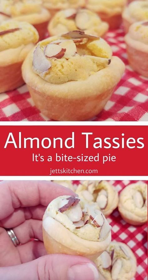 Almond Tassies; Miniature Holiday Pies Almond Tassies Tart Recipes, Almond Croissant Tartlets, Tea Time Tassies Mini Pecan Pies, Tassies Recipe Christmas, Pecan Tassies Recipe, Pecan Tassie Recipe, Tassies Recipe, Tiny Desserts, Bite Size Pies