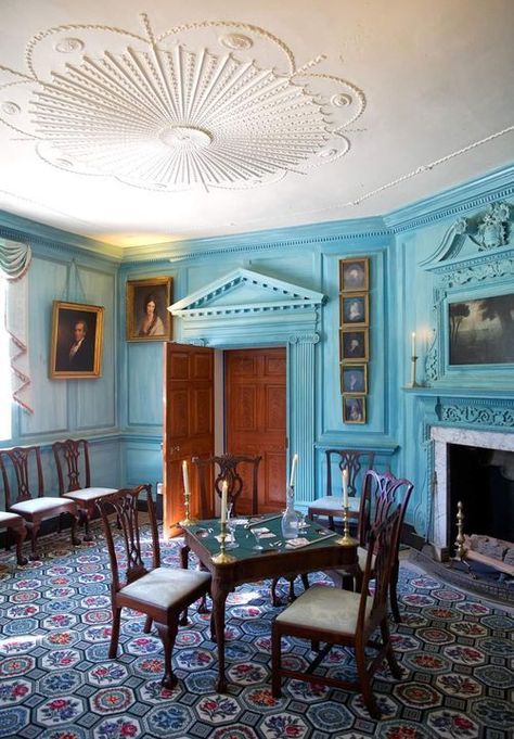 Mount Vernon, USA Painting Over Paneling, Dark Blue House Exterior, Dark Blue Houses, Luxury Dining Room Decor, Colonial Colors, Mansion Rooms, Dining Room Paint Colors, House Journal, Throat Infection