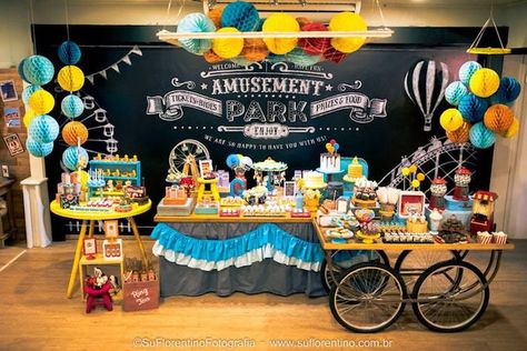 Main Display from a Vintage Carnival + Amusement Park Party via Kara's Party Ideas | KarasPartyIdeas.com (2) Park Themed Birthday Party, Amusement Park Birthday Party, Amusement Park Birthday, Amusement Park Party, Carnival Party Foods, Vintage Carnival Theme, Vintage Carnival Party, Park Birthday Party, Backyard Carnival