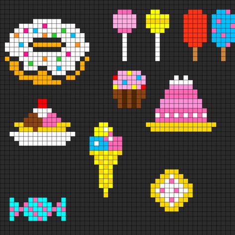 Food Candy Cross Stitch Pattern, Candy Perler Bead Patterns, Perler Bead Food Patterns, Hama Beads Food, Pixel Art Birthday, Birthday Pixel Art, Candy Pixel Art, Cake Pixel Art, Pixel Candy