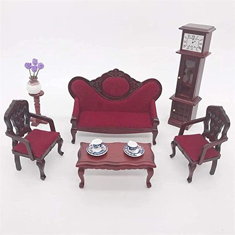 AmazonSmile: 1/12 Dollhouse Sofa Set, 3pc Doll House Wooden Sofa with Armchairs, 1:12 Dollhouse Miniature Living Room Furniture for Toy Kids Gift (Wooden) : Toys & Games Miniature Living Room, Victorian Dollhouse, Chair Furniture, Mahogany Color, Red Chair, Dollhouse Toys, Red Sofa, Pretend Play Toys, Wooden Sofa