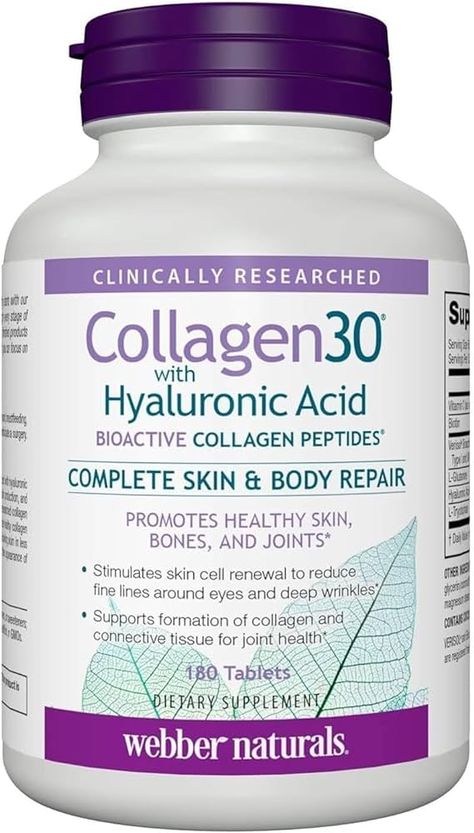 Webber Naturals Collagen30 with Hyaluronic Acid, Bioactive Collagen Peptides, 180 Tablets, Helps Reduce Joint Pain, Eye Wrinkles and Fine Facial Line : Amazon.ca: Health & Personal Care Collagen Peptides Benefits, Collagen Tablets, Collagen Rich Foods, Collagen Pills, Eye Wrinkles, Collagen Benefits, Collagen Supplements, Protein Synthesis, Connective Tissue