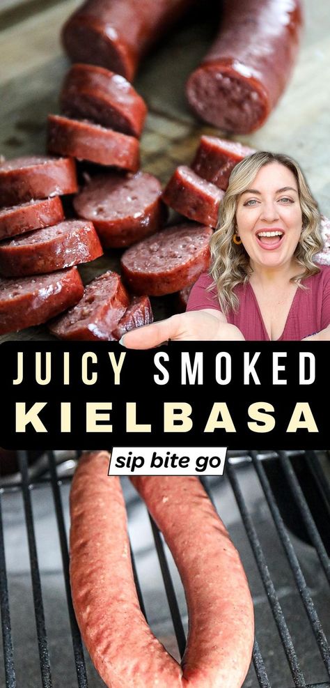 Traeger Smoked Kielbasa Recipe photos with text overlay and Jenna Passaro food blogger from Sip Bite Go Traeger Smoker Recipes, Kielbasa Sausage Recipes, Smoked Kielbasa, Grilled Kielbasa, Polish Sausage Recipes, Pellet Smoker Recipes, Traeger Smoker, Traeger Grill Recipes, Smoked Sausage Recipes