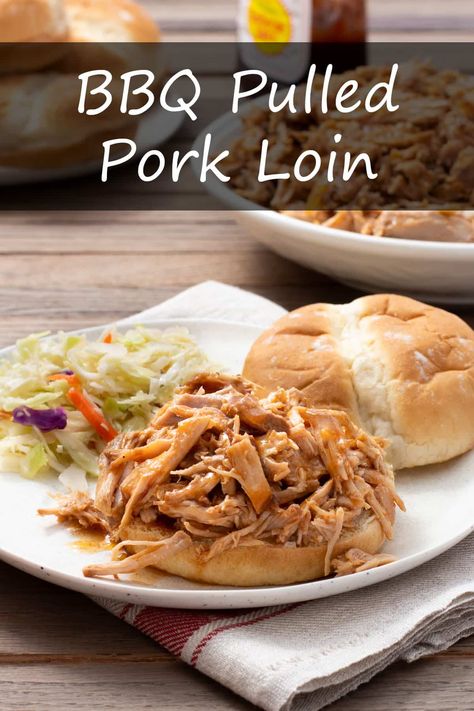 This BBQ Pulled Pork Loin is a simple, quick dinner to prep and cooks all day without any fuss. #slowcooker #crockpot #pulledpork #porkloin #barbecue via @cookthestory Pulled Pork Loin, Simple Quick Dinner, Slow Cooked Pork Loin, Barbecue Pork Loin, Pork Loin Pulled Pork, Boneless Pork Loin Recipes, Pork Loin Crock Pot Recipes, Bbq Pork Loin, Leftover Pork Roast