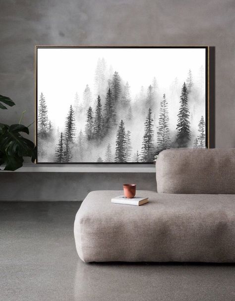 Black And White Pine Tree Art, Tree Painting Black And White, Cabin Interiors Black And White, Pine Tree Artwork, Foggy Tree Painting, Black And White Forest Painting, Black And White Scenery Painting, Black And White Tree Painting, Misty Trees Painting