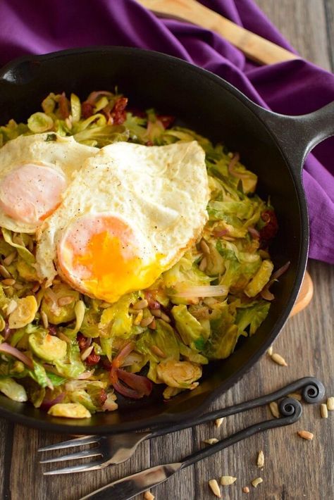 A high protein, grain free breakfast that incorporates brussles sprouts served my favorite way…shredded! Eggs over easy with Shredded Brussels sprouts is soon to be your go-to breakfast!Vegetables are like hugs. You should have plenty of them everyday, throughout your day. But often times, we reserve vegetables only for lunch foods, like soups and salads, or side dishes for dinner. This recipe is an easy and delicious way to incorporate more green stuff into your breakfast. Let’s loo… Eggs Over Easy, Shredded Brussels Sprouts, Balsamic Mushrooms, Grain Free Breakfast, Dairy Free Pancakes, Soft Egg, Shredded Brussel Sprouts, Gluten Free Egg Free, Candida Diet