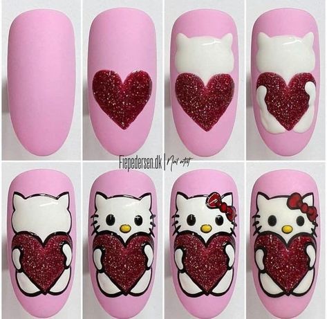 Nail Art Dessin, Spring Nails Art, Hello Kitty Nails Art, Quick Nail Art, Beach Nail Art, Heart Nail Designs, Fake Nails Designs, Art Deco Nails, Valentine Nail Art