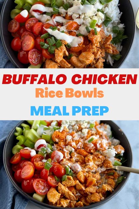 Buffalo Chicken Rice Bowls Buffalo Chicken Meal Prep, Buffalo Chicken Bowl, Chicken Rice And Veggies, Buffalo Chicken Rice Bowl, Buffalo Chicken Rice, Chicken Bowls Healthy, Rice And Veggies, Chicken Rice Bowls, Chicken Bowl