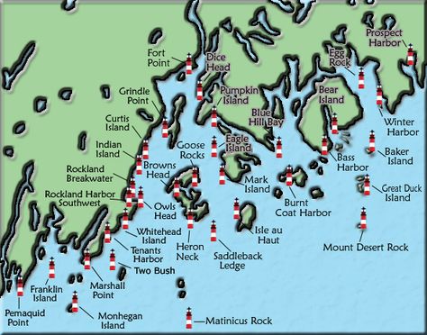 Acadia and Penobscot Bay Maine Lighthouse Map - The lighthouse on Whitehead Island (manned by the US Coast Guard) is the one we saw from our living room window on Spruce Head Island. I had to go to bed when the light came on!! Maine Lighthouses Map, Lighthouse Road Trip, Maine Road Trip, Maine New England, Maine Lighthouses, New England Road Trip, East Coast Travel, Harbor Island, New England States