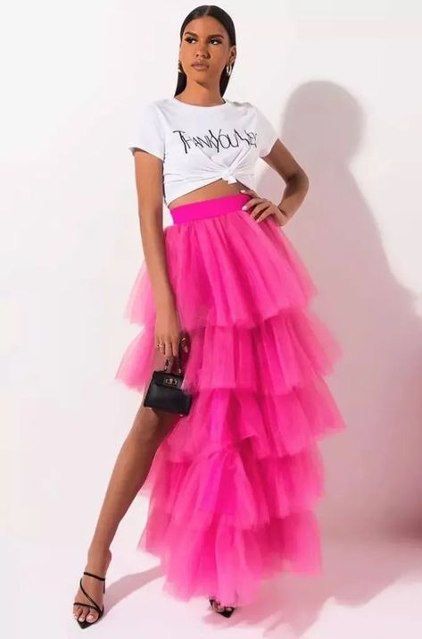 Ropa Color Neon, Tulle Skirts Outfit, Tiered Tulle Skirt, Pink Tulle Skirt, Tulle Maxi Skirt, Neon Outfits, Afrikaanse Mode, Orange Neon, Tulle Skirts